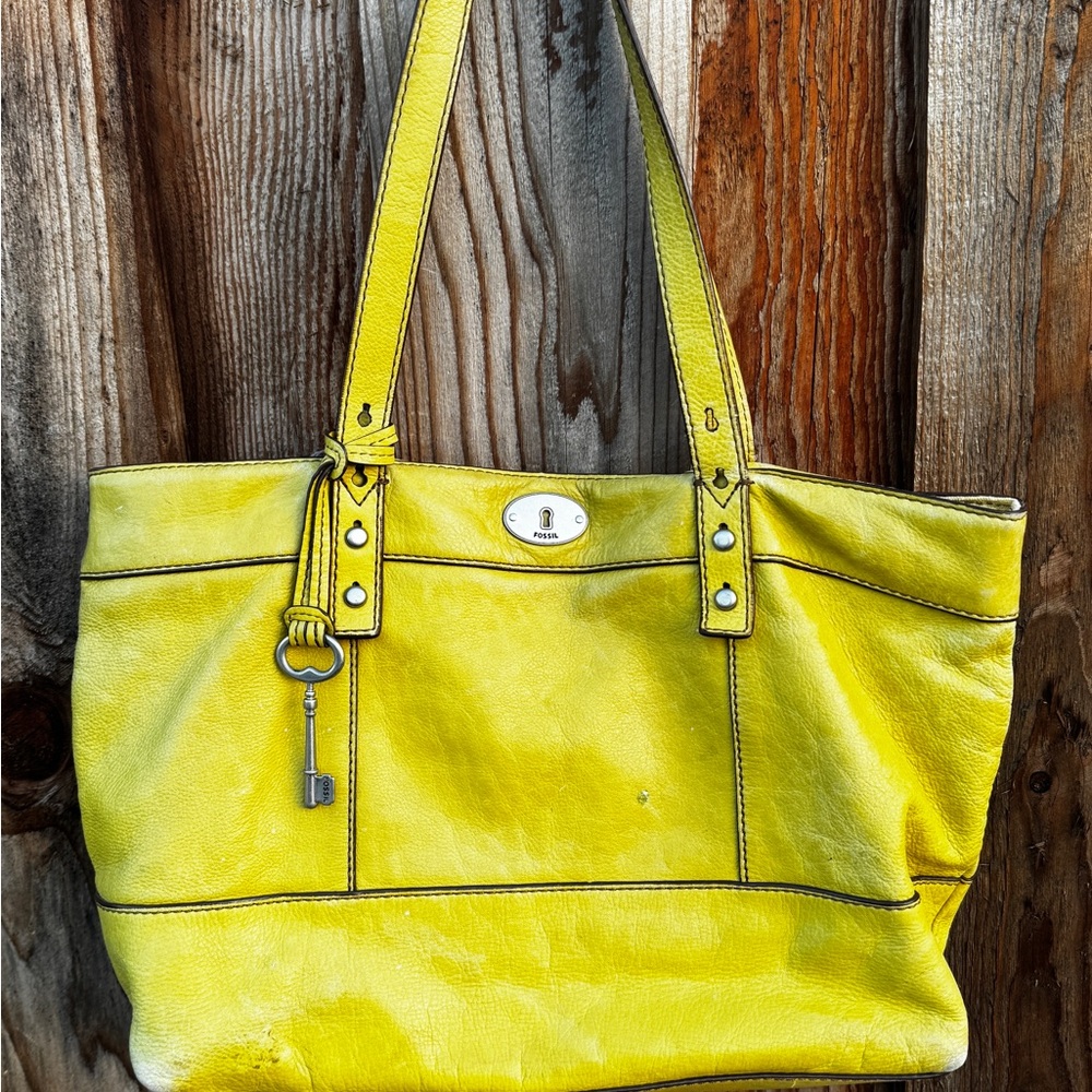 Vintage Fossil Bright Yellow Leather Tote Bag